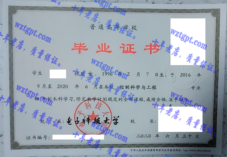 电子科技大学毕业证样本