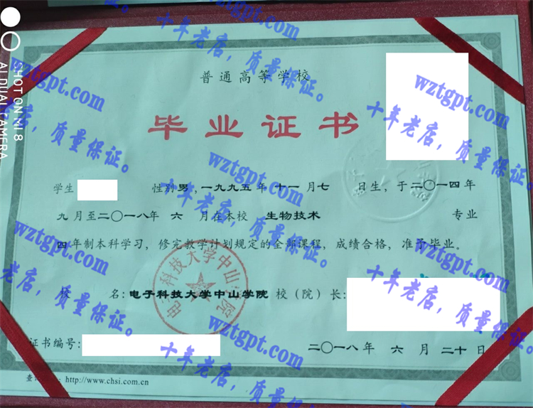 电子科技大学中山学院毕业证样本