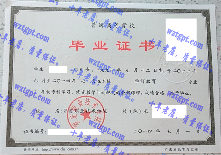 罗定职业技术学院毕业证样本