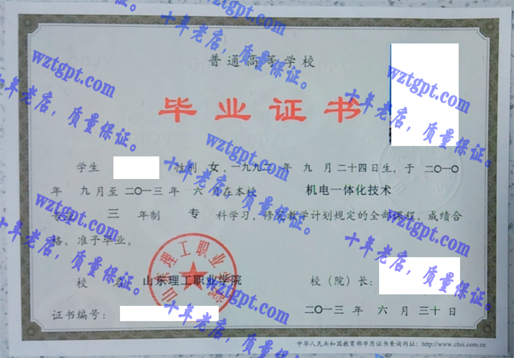 山东理工职业学院毕业证样本