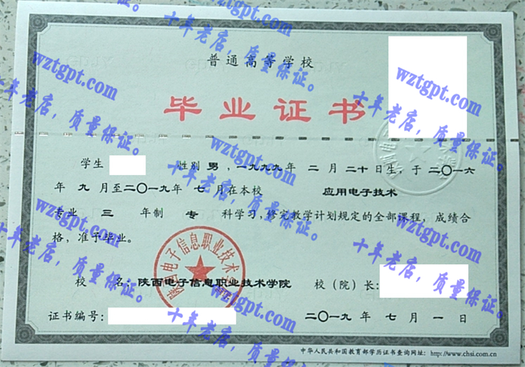 陕西电子信息职业技术学院毕业证样本
