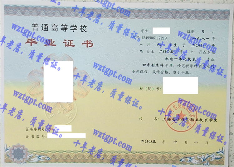 上海电子信息职业技术学院毕业证样本