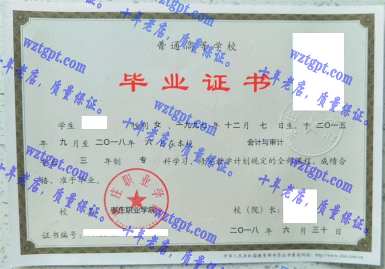 枣庄职业学院毕业证样本