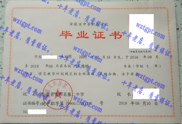 安徽省太和县第二中学毕业证样本