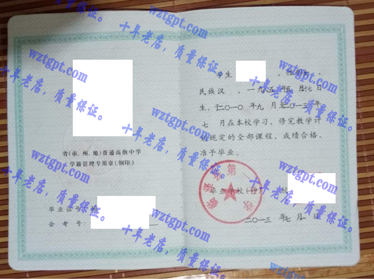 年临泽县第一中学毕业证样本