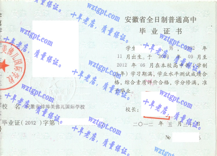 安徽省蚌埠美佛儿国际学校毕业证样本