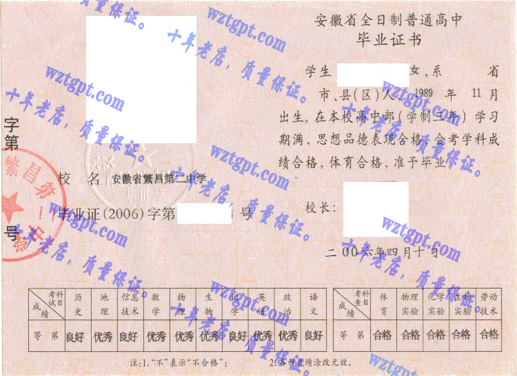 安徽省繁昌县第二中学毕业证样本