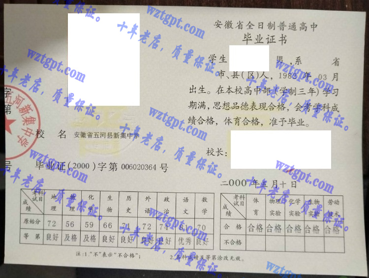 安徽省五河县新集中学毕业证样本