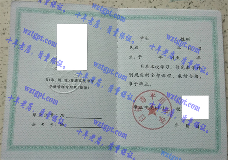 白银市平川中学毕业证样本