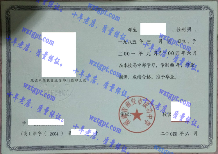 福建省南安市成功中学毕业证样本