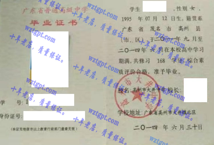 高州市大井中学毕业证样本