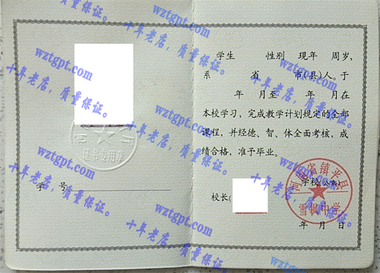 河南省镇平县雪枫中学毕业证样本