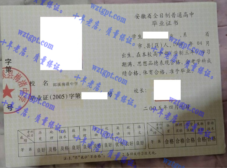 郎溪梅渚中学毕业证样本