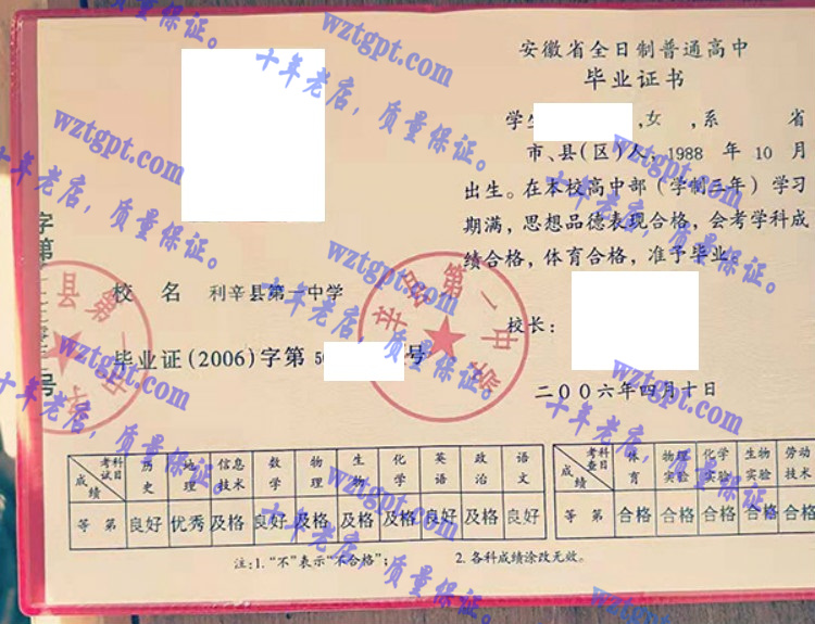 利辛县第一中学毕业证样本