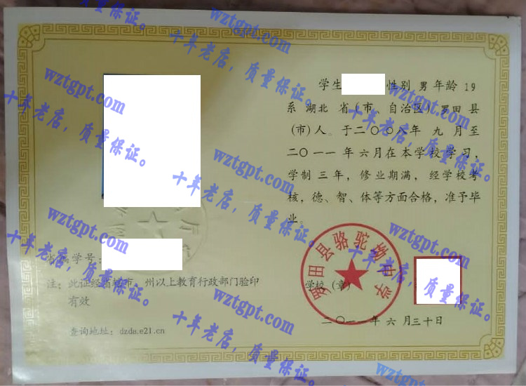 罗田县骆驼坳中学毕业证样本