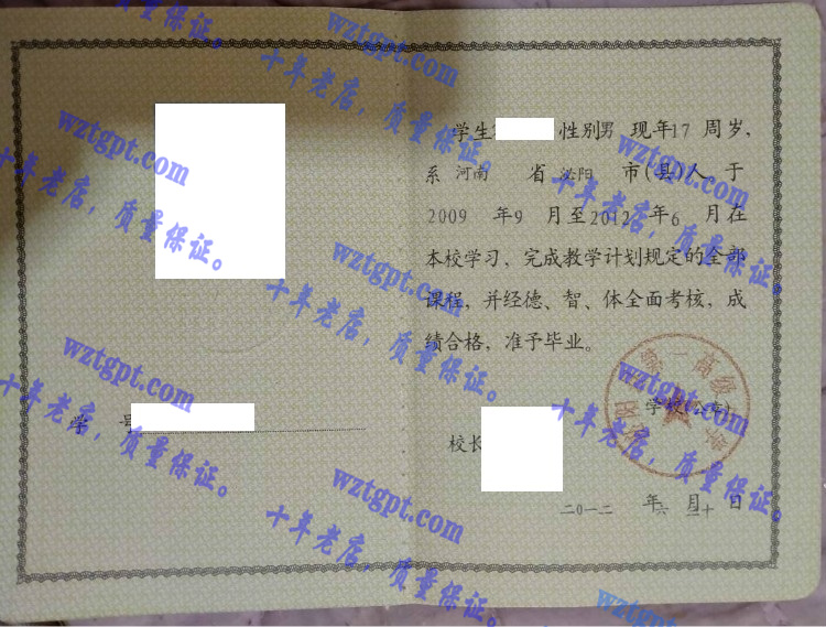 泌阳县第一高级中学毕业证样本