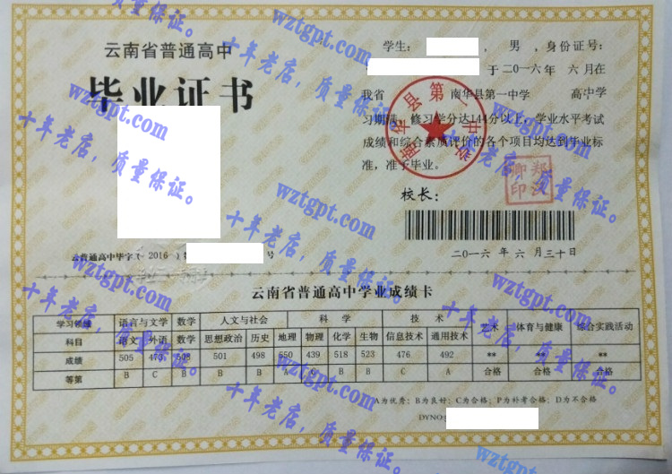 南华县第一中学毕业证样本