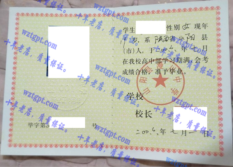 山阳县漫川中学毕业证样本