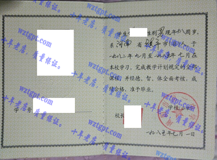 南阳市第一中学毕业证样本