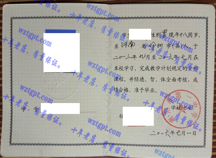 南阳市第一中学毕业证样本