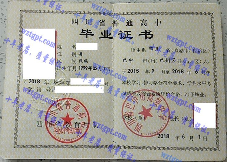 四川省巴中市高级中学毕业证样本