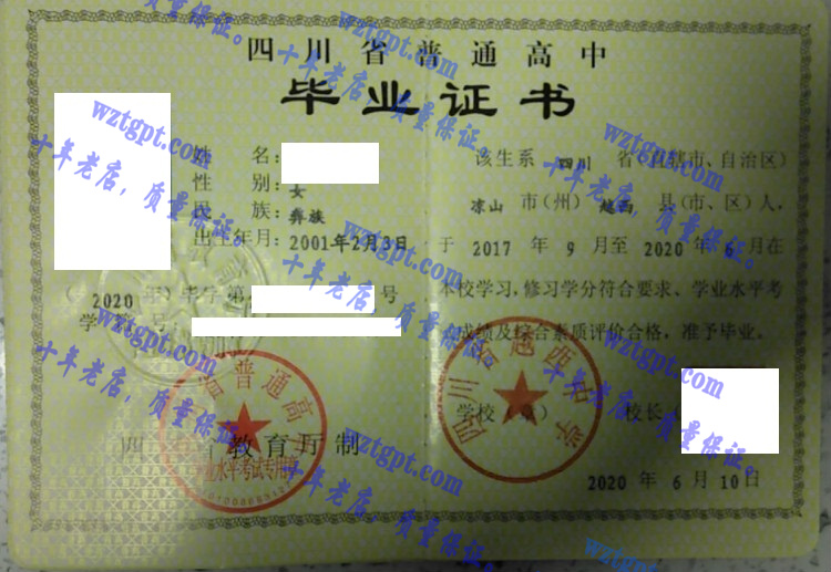 四川省越西中学毕业证样本