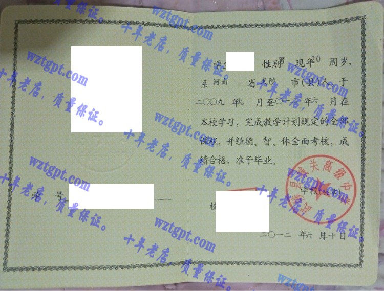 武陟县城关高级中学毕业证样本