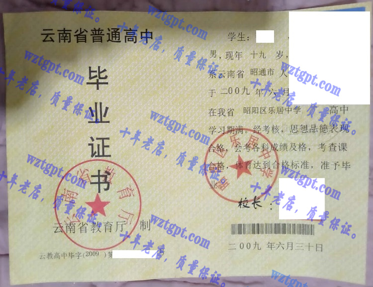 昭阳区乐居中学毕业证样本