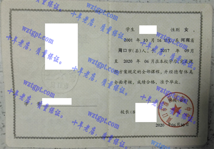 周口市淮阳区第一中学毕业证样本