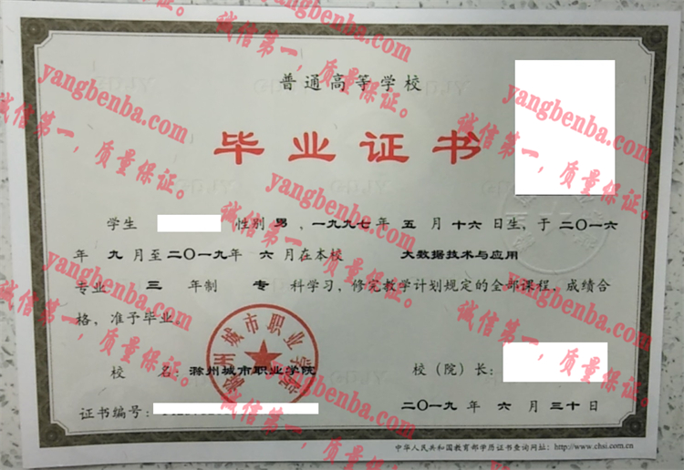 滁州城市职业学院毕毕业证样本