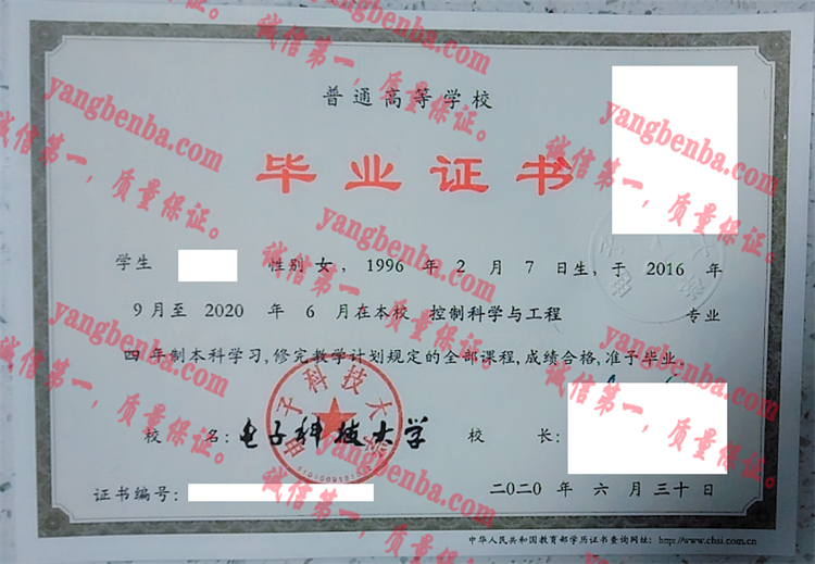 电子科技大学毕业证样本