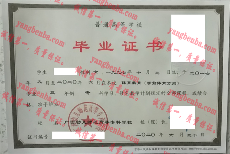 广西幼儿师范高等专科学校毕业证样本