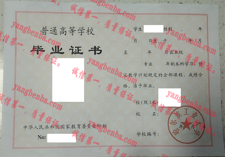 哈尔滨工业大学毕业证样本