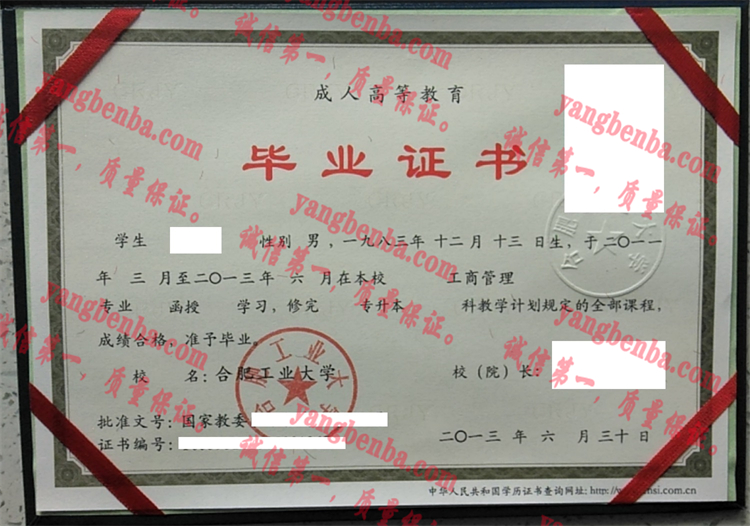 合肥工业大学毕业证样本