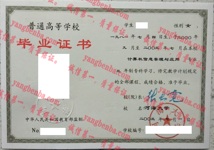 河海大学毕业证样本