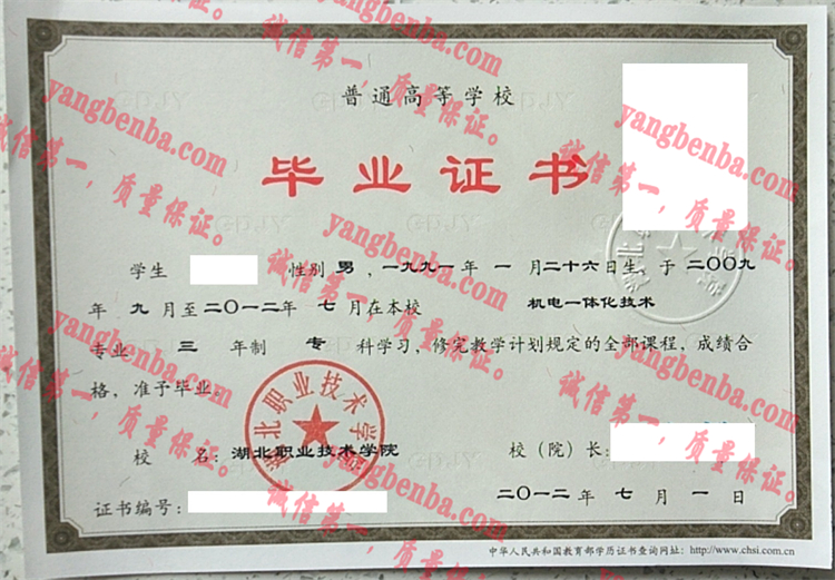 湖北职业技术学院毕业证样本