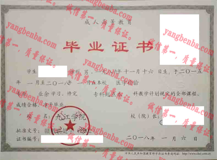 九江学院毕业证样本