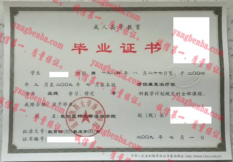 昆明医科大学海源学院毕业证样本