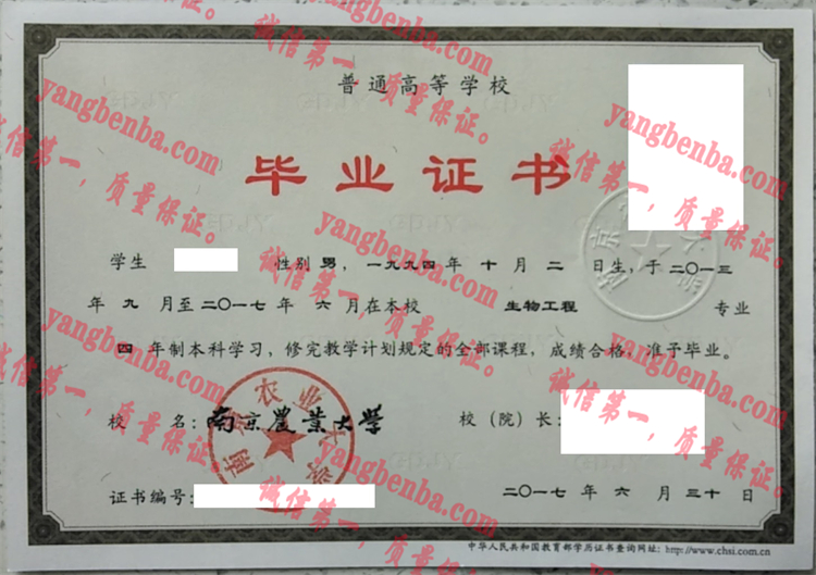 南京农业大学毕业证样本