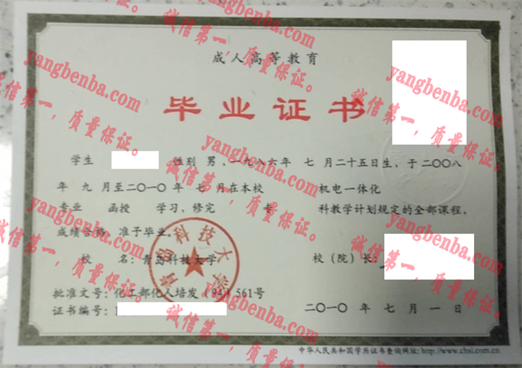 青岛科技大学毕业证样本