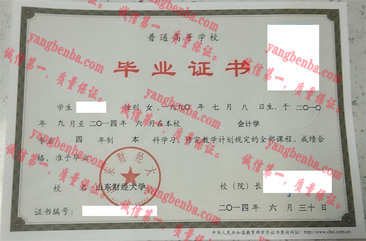 山东财经大学毕业证样本