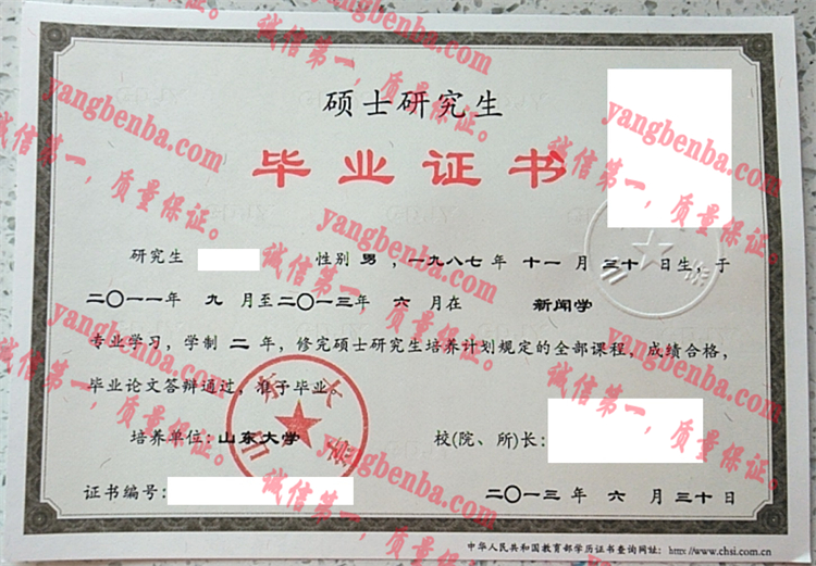 山东大学毕业证样本