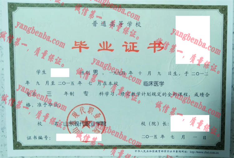 山东现代职业学院毕业证样本