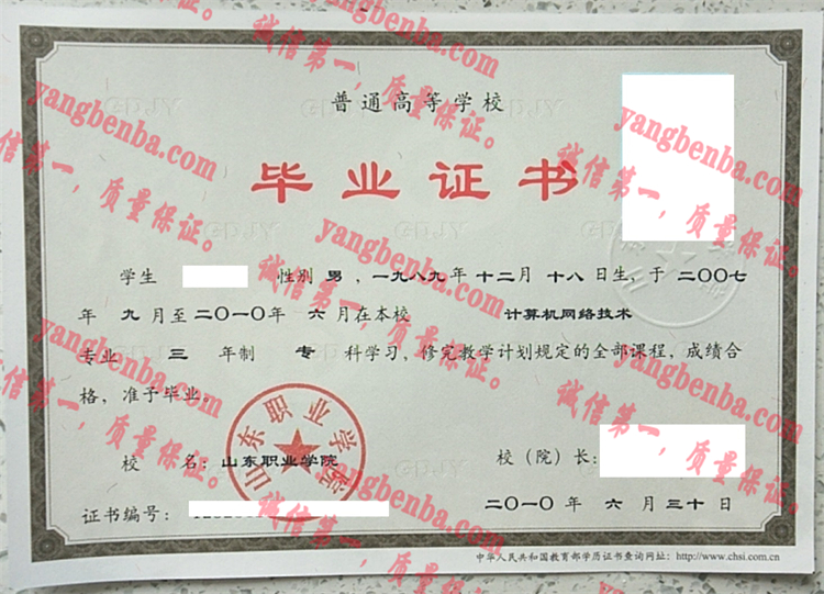 山东职业学院毕业证样本