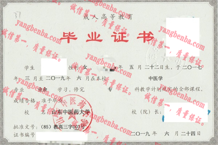 山东中医药大学毕业证样本