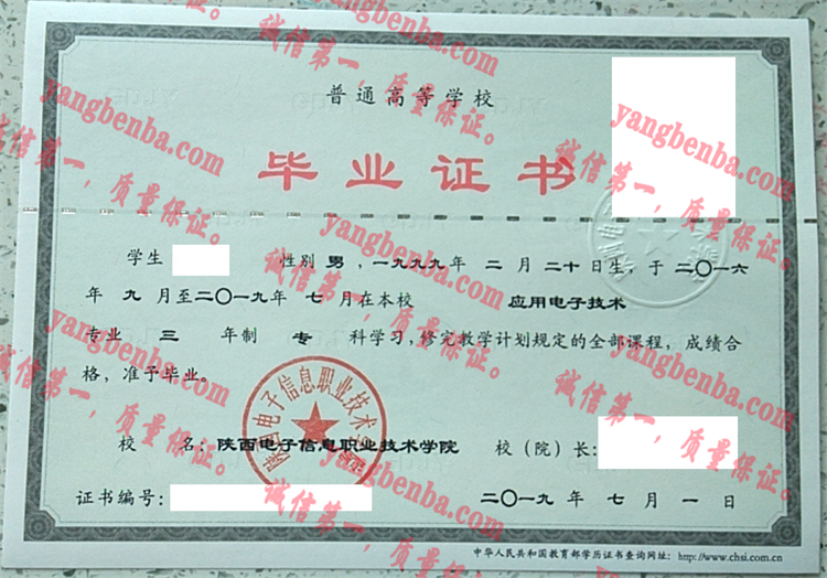 陕西电子信息职业技术学院毕业证样本