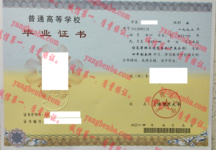 上海理工大学毕业证样本