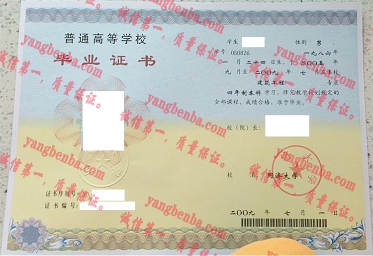 同济大学毕业证样本