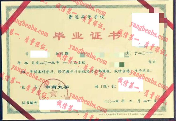 中南大学毕业证样本