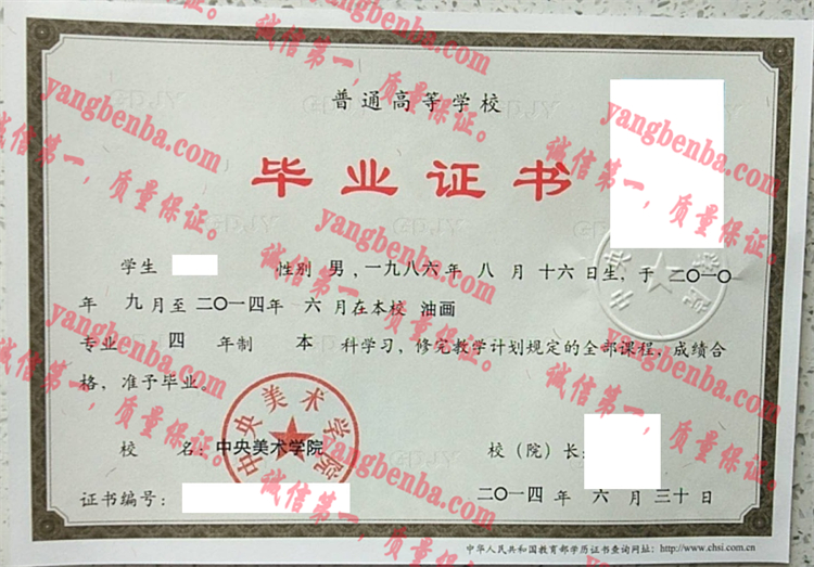 中央美术学院毕业证样本